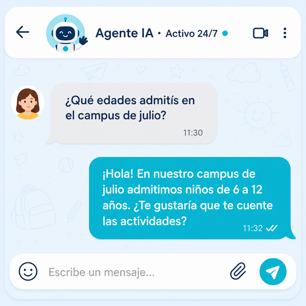Mockup del agente IA de verania respondiendo por chat a una familia